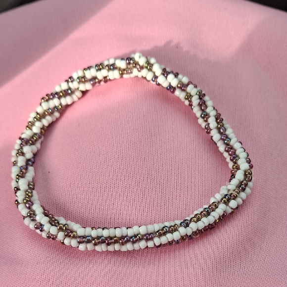 Jewelry - Handmade White Seed Bead Braided Bracelet with Metallic Accents